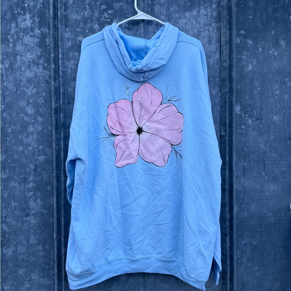 Blue Hoodie with Pink Flower Design